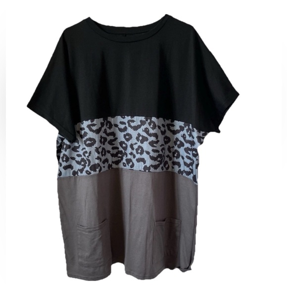 Womens Short Sleeve Tshirt Color Block Black Teal Leopard Print Gray 2XL Pockets - Picture 1 of 6